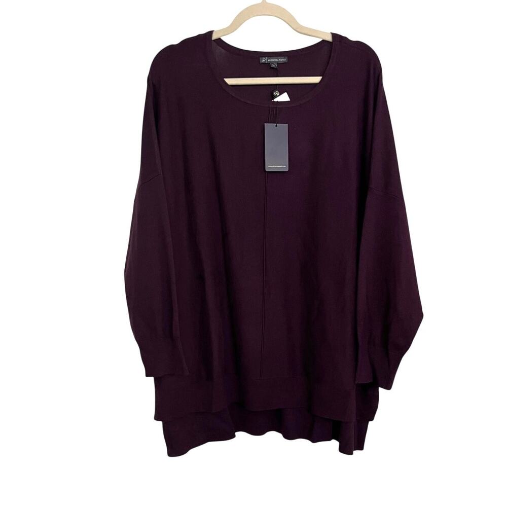 Adrianna Papell Plum Tunic Fine Rib Knit Sweater 1X NWT Dolman Sleeve Hi Low Top